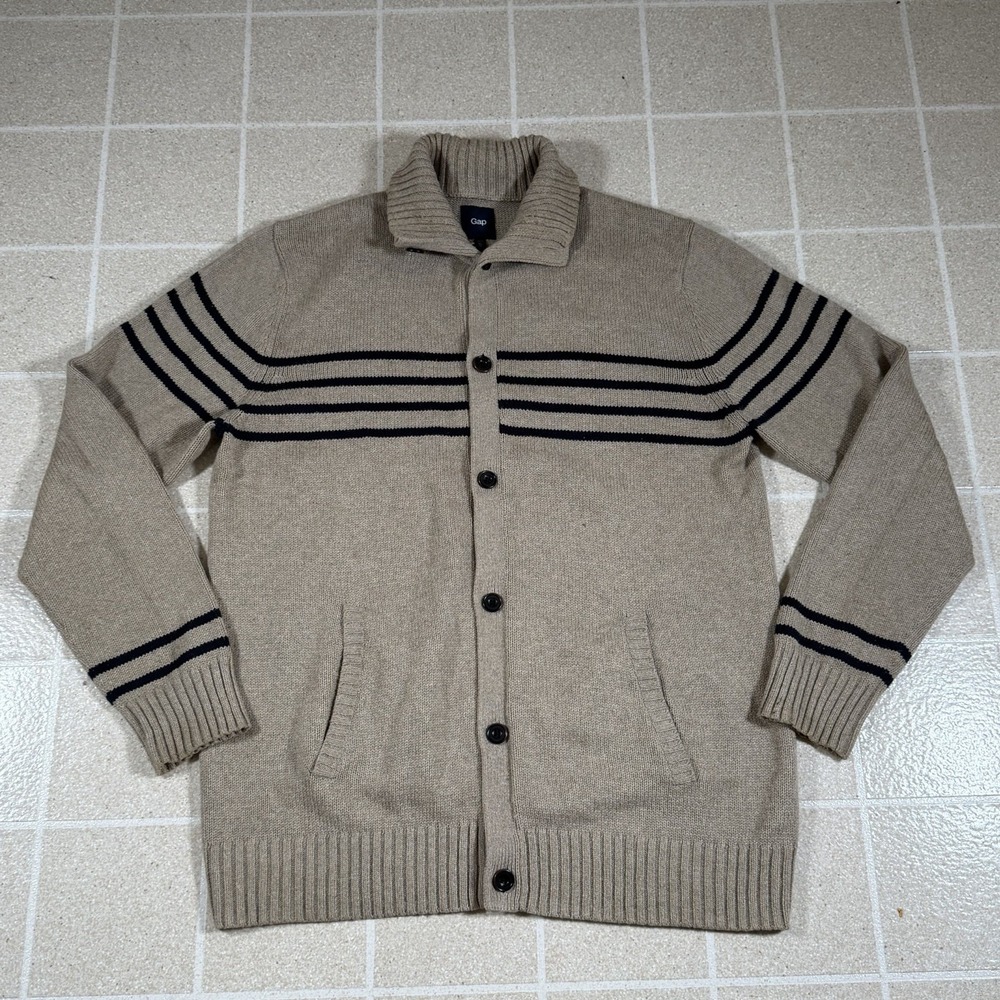 Men's Gap Button Up Cardigan Tan Silk Linen Blend Cabincore Sz L Tall Sweater
